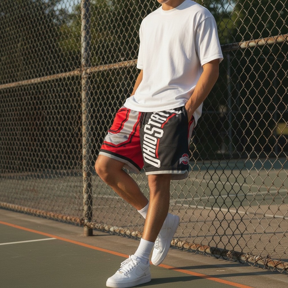 Mitchell & Ness Mens Shorts XL Red Black Ohio State Big Face Fashion Short 5.0